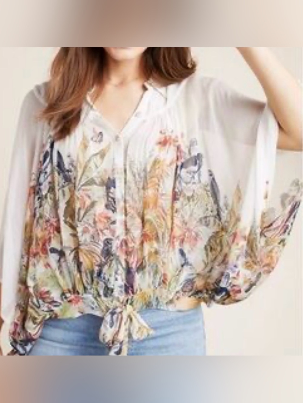 Anthropologie White Botanical & Bird Tie-Hem Button Down Blouse